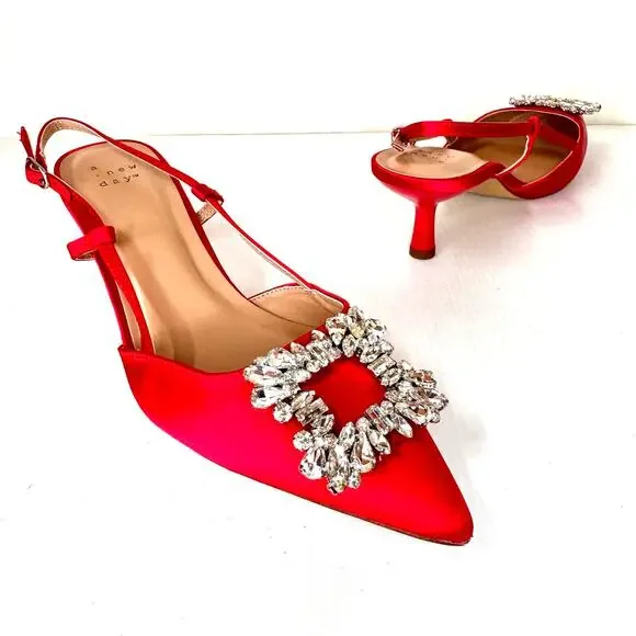 Satin Kitten Heels Women's 8 Red Rhinestone Glam Coquette Prom Wedding Formal - Picture 2 of 10